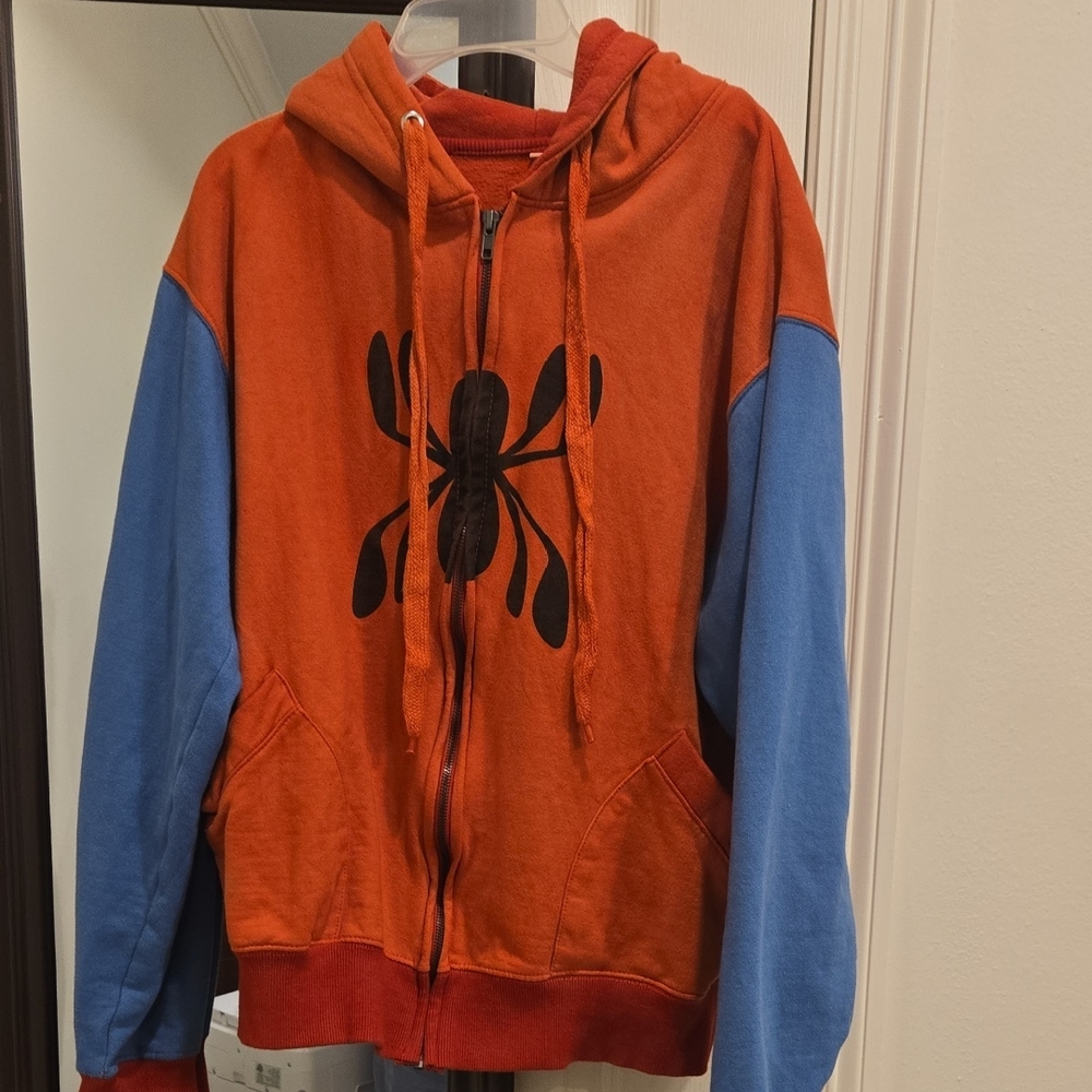 Orange and Blue Hoodie with Black Spider Design